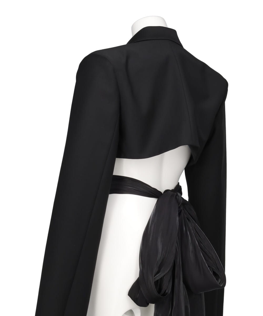 OPEN SLEEVE CROPPED BLAZER WITH SATIN RIBBON